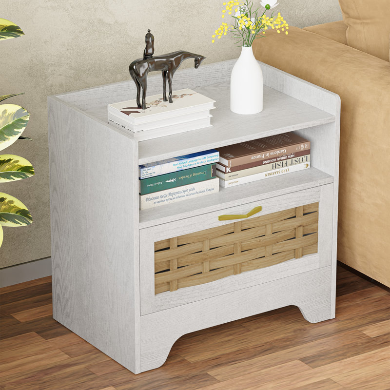 Nightstand with Storage Set of 2, Rattan Boho Bedside Table with Drawer, White, Set of 2