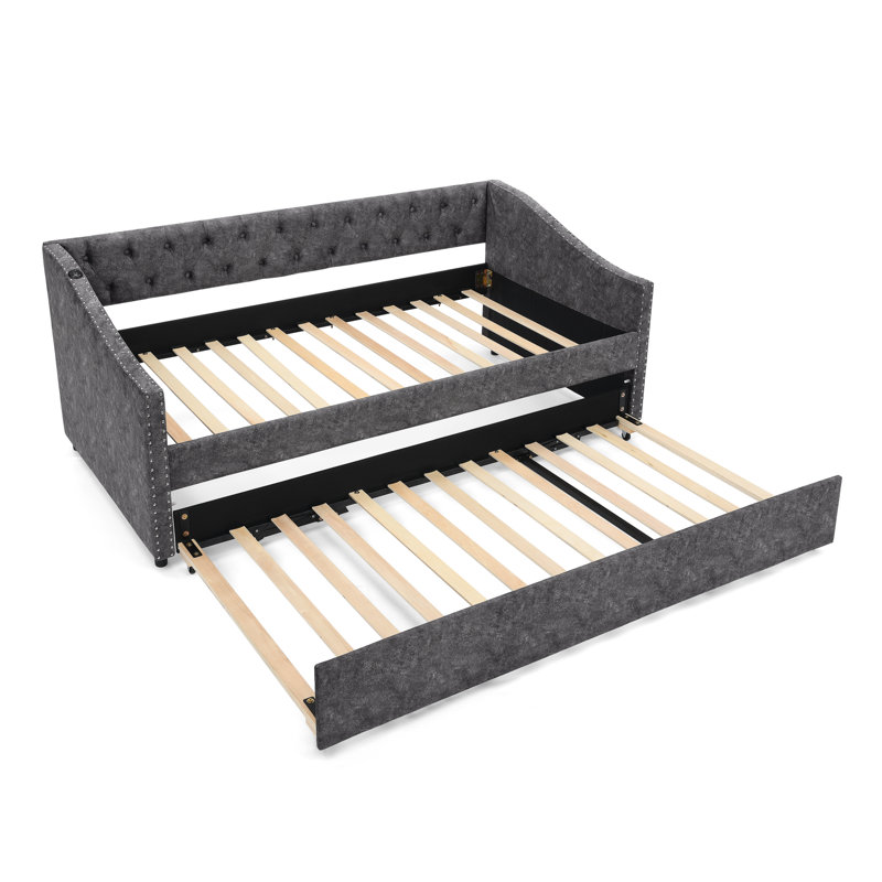 Twin Size Daybed with Pull-Out Extendable Bed, USB Charging, Button-Tufted Back, Waved Arms with Copper Nail, Grey, Gray