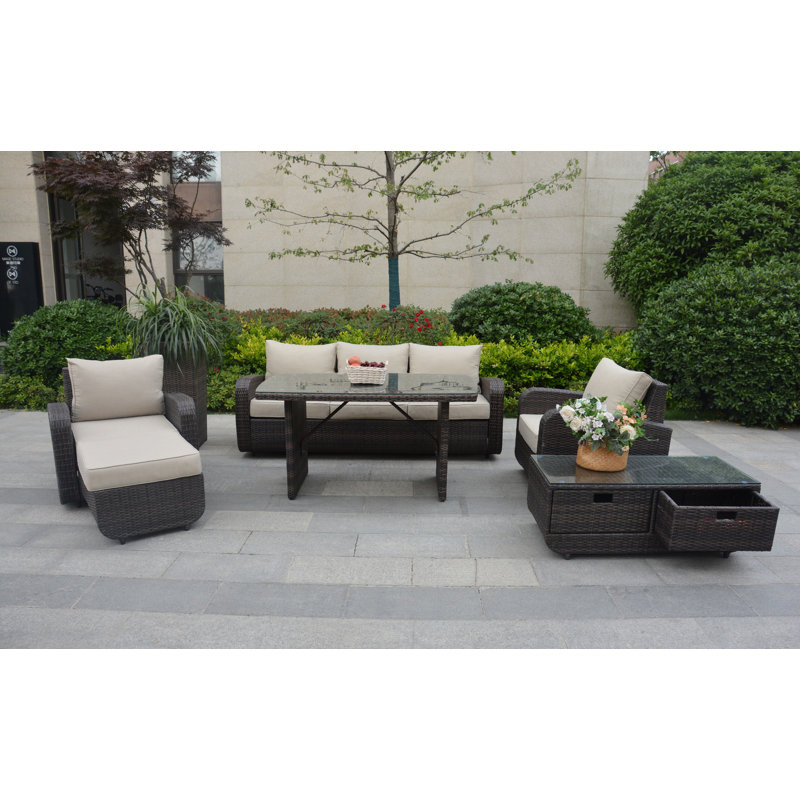 Ensemble de conversation en osier / rotin pour 6 personnes avec coussins Manhattan
