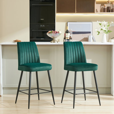 Facile à installer - 2 tabourets de bar en velours avec pieds en fer réglables pour comptoir de cuisine noir thermolaqué simple et élégant