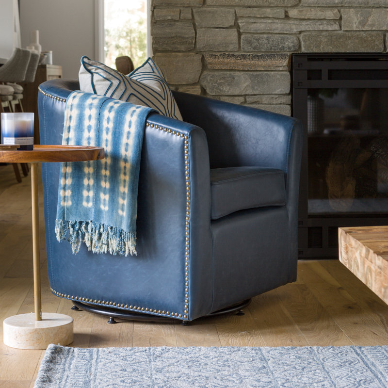 Rabinowitz Upholstered Swivel Barrel Chair, Vintage Blue Faux Leather