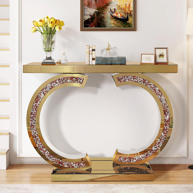 Tea Color Mirrored Console Table With Crushed Diamond Inlay, 39.4'' Long Entryway Sofa Table, Double C-Shaped Base Modern Accent Narrow Table For Living Room, Hallway, Foyer, Entrance