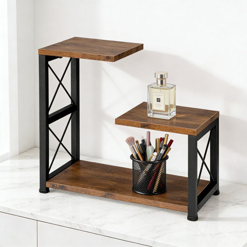 Organisateur de tablette de bureau à 3 niveaux et rehausse de rangement avec pieds réglables, grain de bois rustique pour les accessoires de bureau, de maison et d'espace de travail