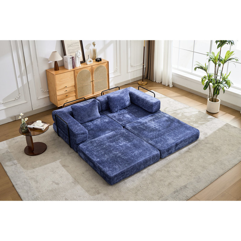 Chenille bleu foncé à compression à 2 places, lit de sol pliable convertible, bricolage modulaire, aucun assemblage requis pour les bureaux, lit désossé à structure fixe, salles de jeux en tissu