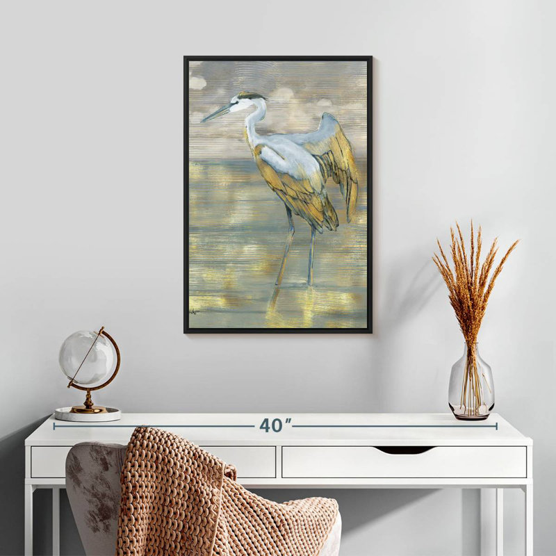 Héron bleu doré, Cadre flottant noir, 17 po x 25 po