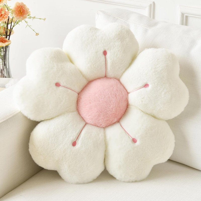 Coussin de fleur, coussin décoratif en forme de fleur pour coussin de lit, coussin de siège de dortoir mignon décor de dortoir (blanc, 15 pouces)