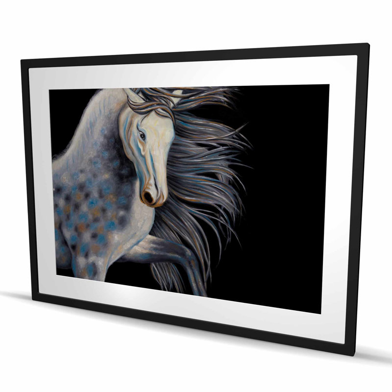 Cheval abstrait - chambre à coucher grise, impression encadrée avec passe-partout