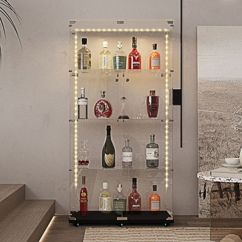 Armoire décorative, armoire de rangement avec bande à DEL Bluetooth, vitrine en verre trempé, Noir / transparent