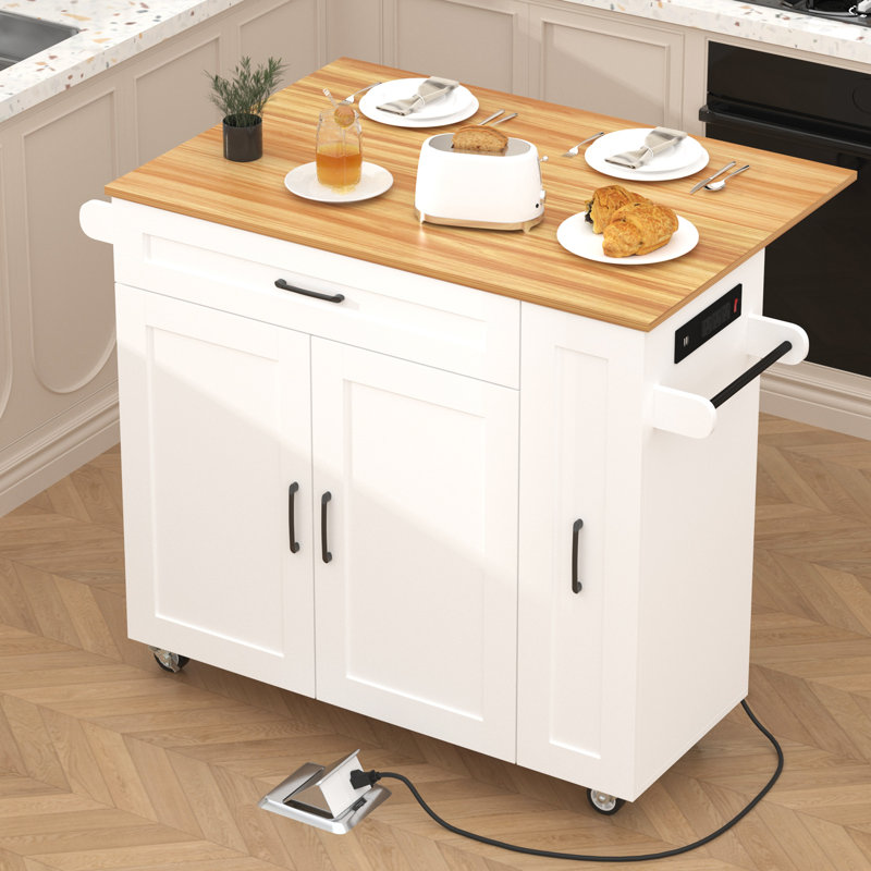 39.38" W Kitchen Island Cart With Drop-Leaf Design, Drawers, And Cabinet Storage