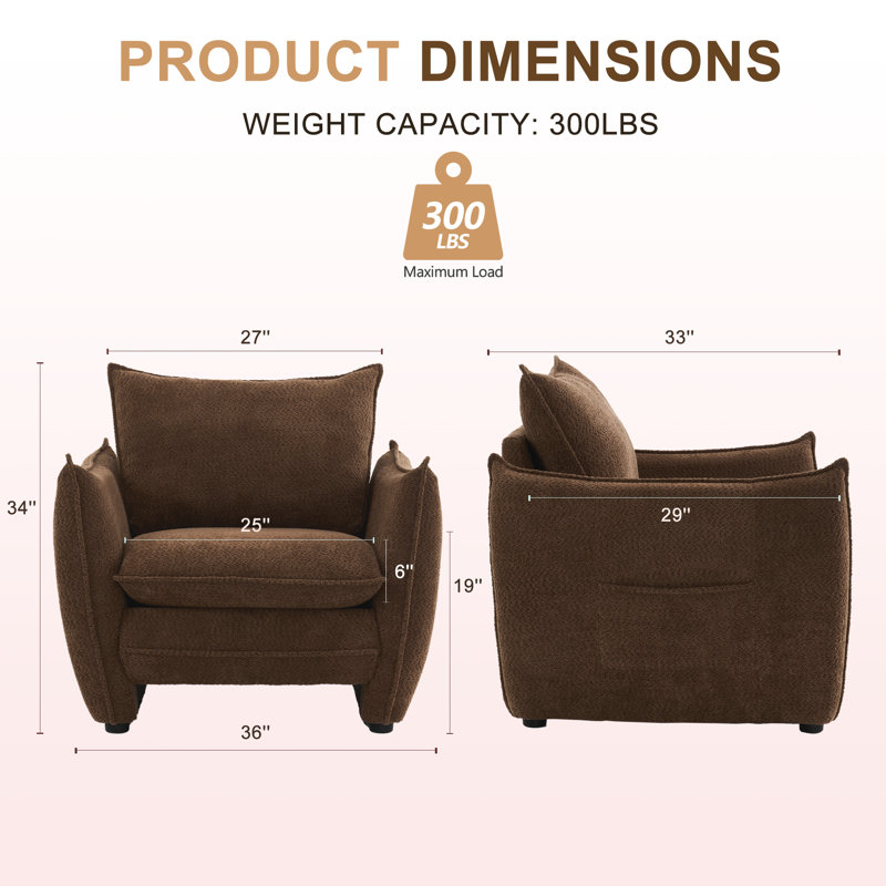 Oversized Chenille Fabric Accent Chair (Set of 2, BROWN）, Brown