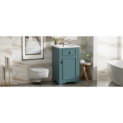 Meuble-lavabo de 20 pouces avec lavabo en céramique, porte à fermeture douce, tablette réglable et support de rangement fixé à la porte - idéal pour les petites salles de bain