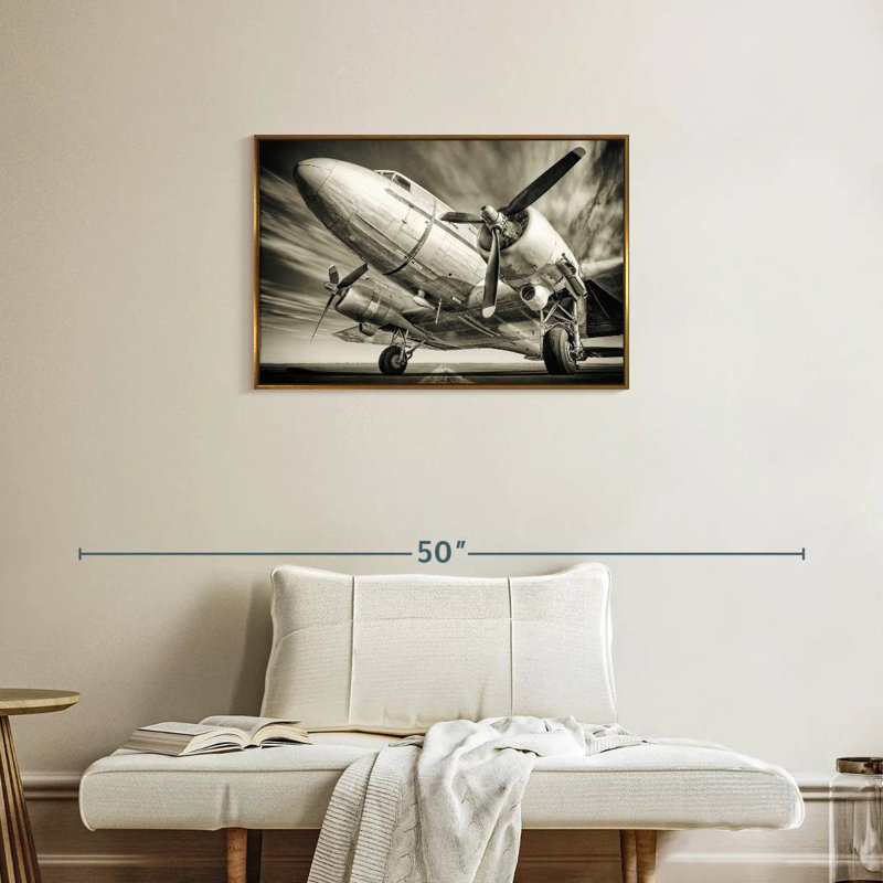 Avion rétro monochrome, Cadre flottant doré, 31 po x 21 po