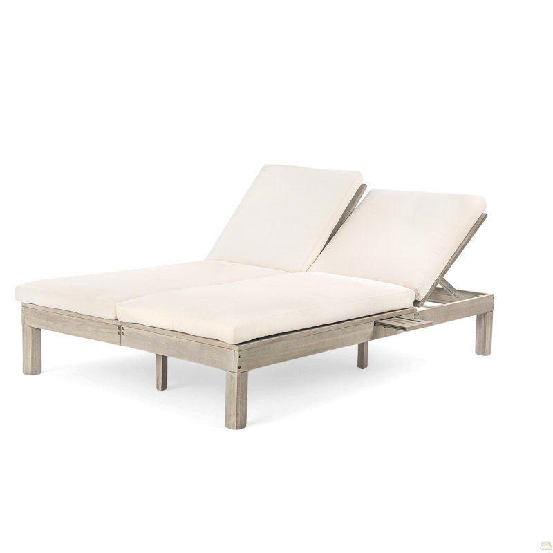 5-Position Adjustable Backrest Double Chaise Lounge Outdoor, Outdoor Chaise Lounge With Cushion And Folding Side Trays For 2 People, Patio Double Chaise Lounge