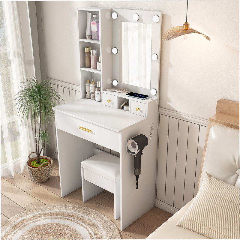 Vanity Table With Mirror And Adjustable LED Lights, Power Outlet, Hairdryer Holder And Stool, A Compact And Functional Dressing Desk For Small Bedrooms