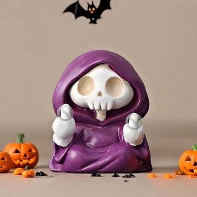 Adorable statue de crâne faucheuse avec fantôme de chien qui marche, décoration de table d'Halloween pour la maison - doigt du milieu