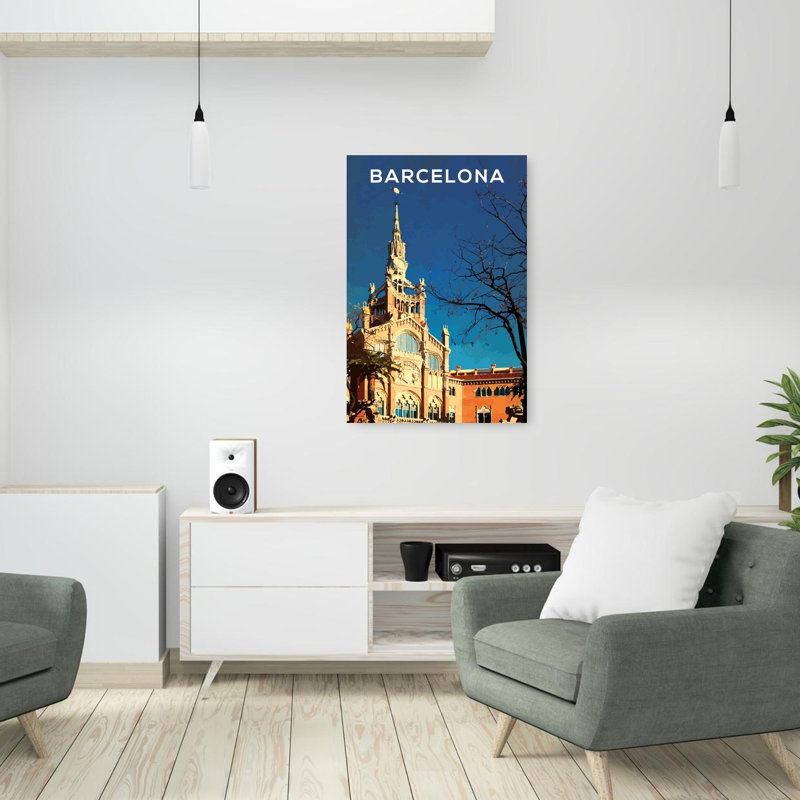 Affiche murale abstraite d'architecture contemporaine représentant le monument de Sant Pau à Barcelone, H 36 po x l 24 po