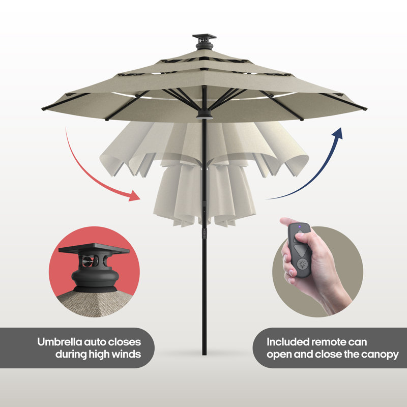 Parasol intelligent 11 pieds avec télécommande, capteur de vent, énergie solaire, lumière au-dessus 2 Series, Brun clair