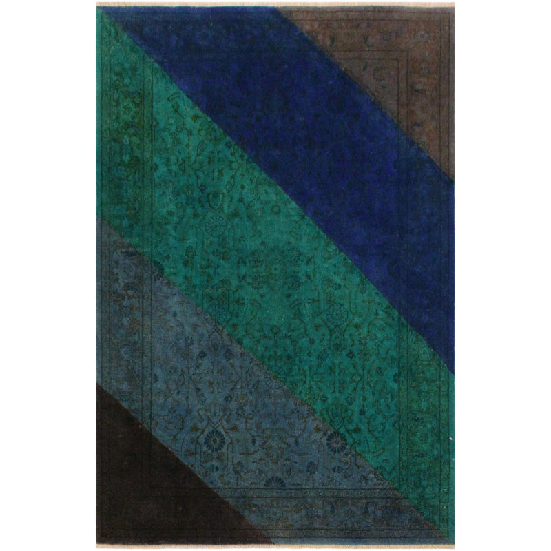Tapis rayé bleu / vert en laine noué à la main 4 pi 1 po x 6 pi 0 po Moraal