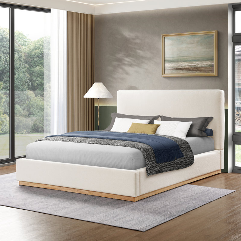 Aspen Wood Base Upholstered Boucle Platform Bed, White Boucle, King