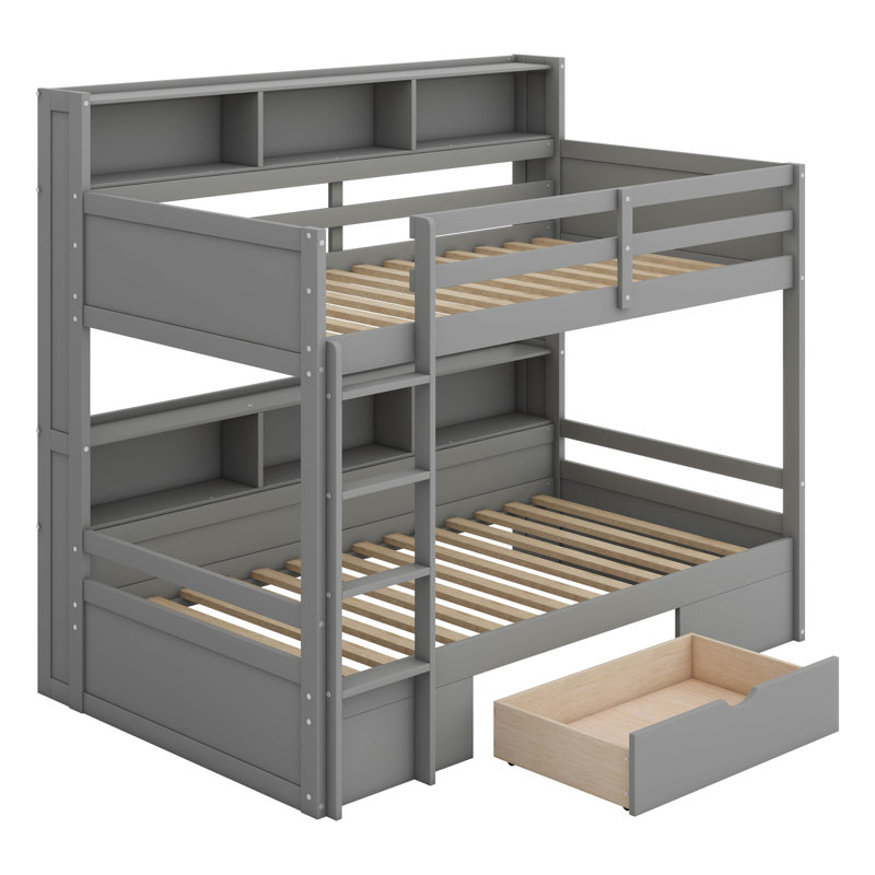 Lit superposé simple avec tiroir, lit superposé en bois avec tablettes de rangement à côté des lits supérieur et inférieur