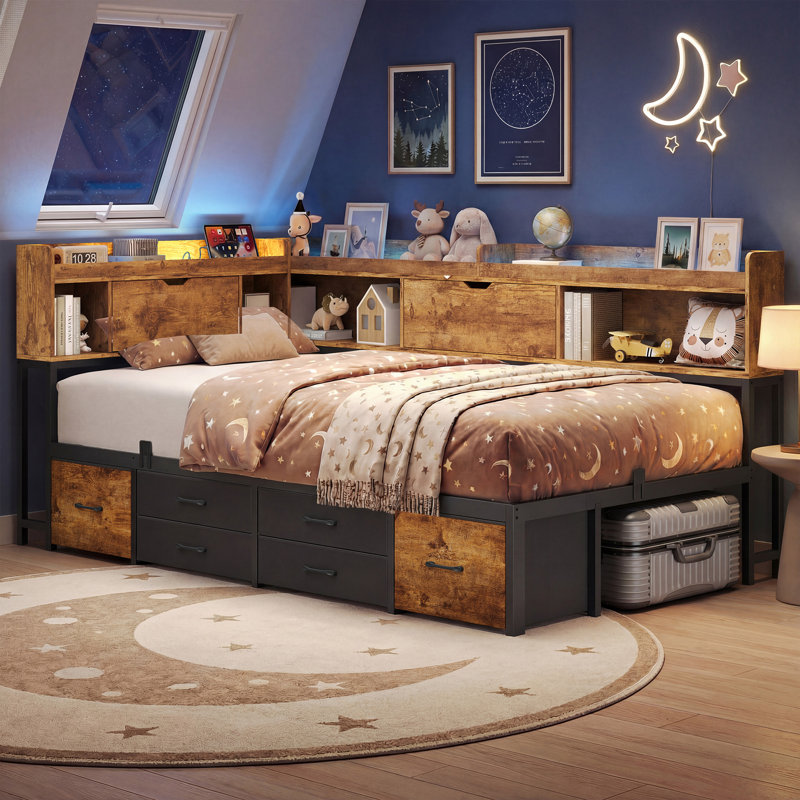 Corner Daybed Frame with 6 Drawers and Storage Bookcase Daybed with Charging Station and LED Lights, Brown, Twin