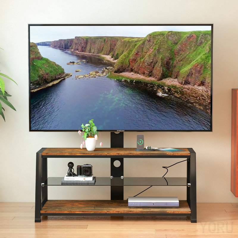 Meuble télé universel pivotant pour salon avec verre trempé et support - brun rustique