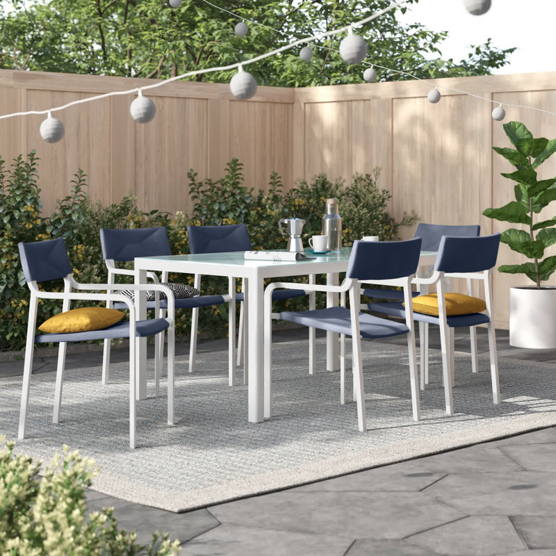Ensemble repas d'extérieur en aluminium avec 6 chaises empilables Raleigh, Bleu marine