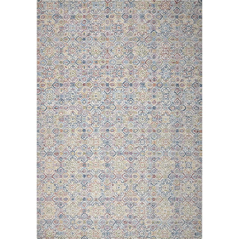 Cross Stitch Floral Hand Tufted Wool Area Rug in Cream/Blue/Red, Rectangle 9' x 13'