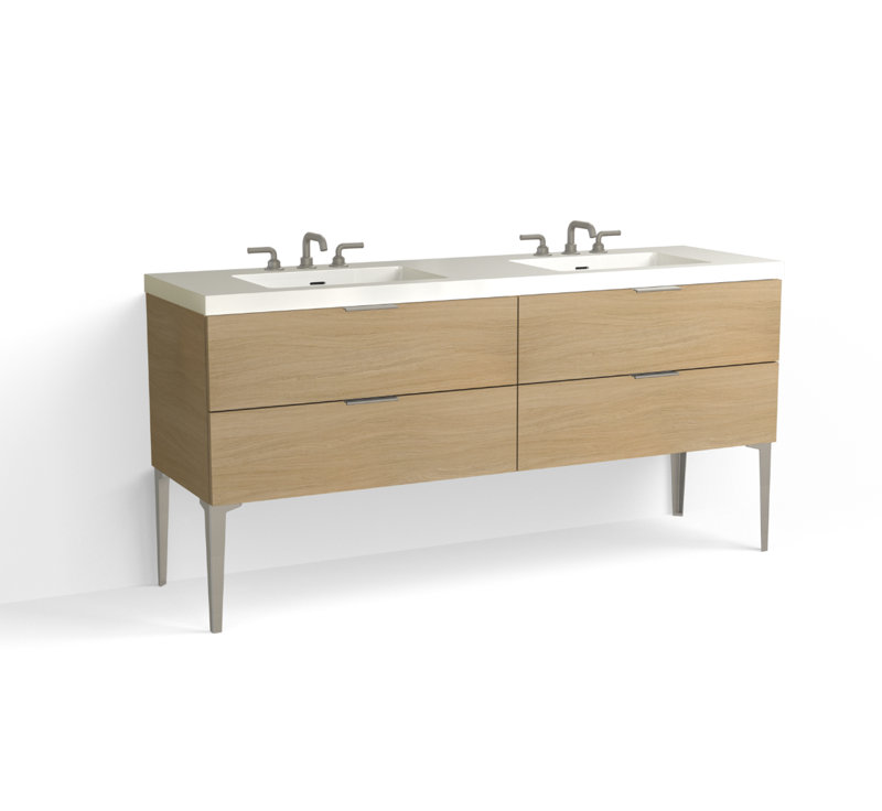 Avila 72" W Freestanding Double Bathroom Vanity with Dean Leg, Matte White/8" Widespread, Satin Nickel, Biondo