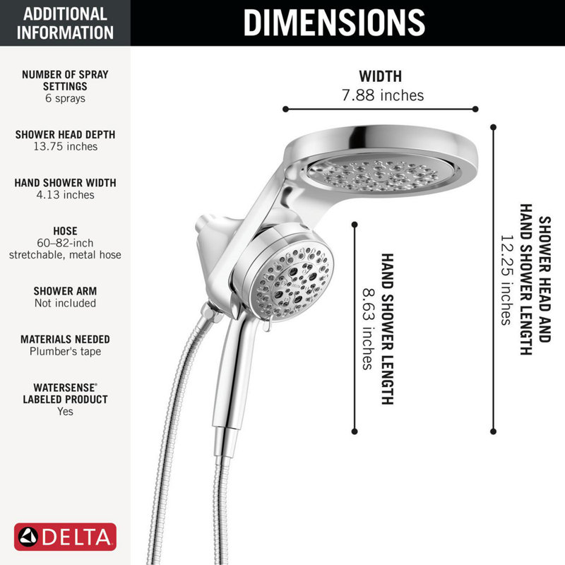 6-Setting HydroRain 2-in-1 Dual Shower Head with ProClean Spray, 1.75 GPM, Lumicoat  Chrome