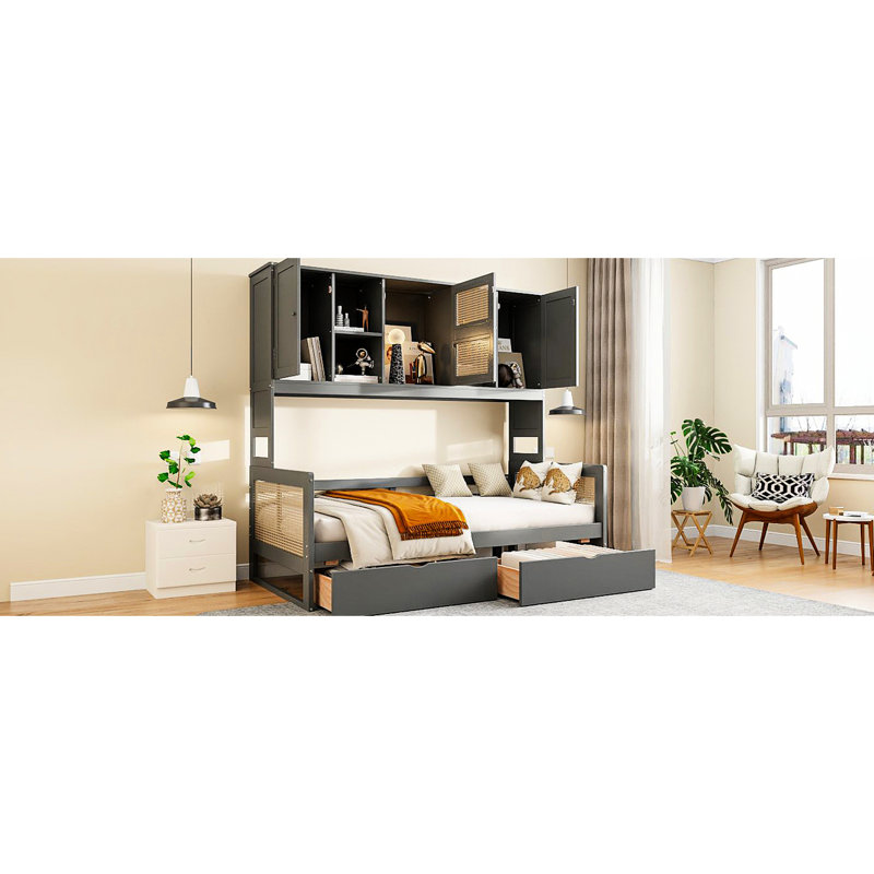 Lit de jour simple gris avec 2 tiroirs et tablettes compactes, armoire en bois efficace, Lit simple