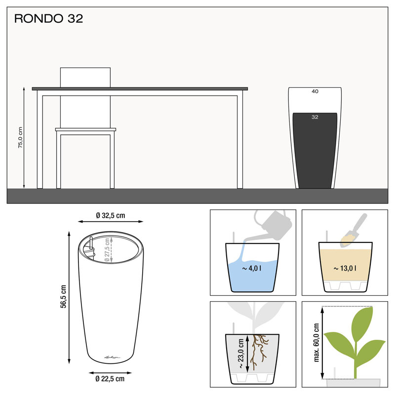 Rondo Pot Planter, White, 56 cm H x 32 cm W x 32 cm D