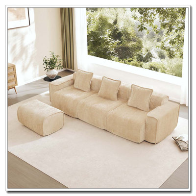 Canapé modulaire en forme de L 3 sièges avec passepoil à bordure française, aucun assemblage requis, canapé 3 places avec coussins décoratifs et 1 repose-pieds mobile