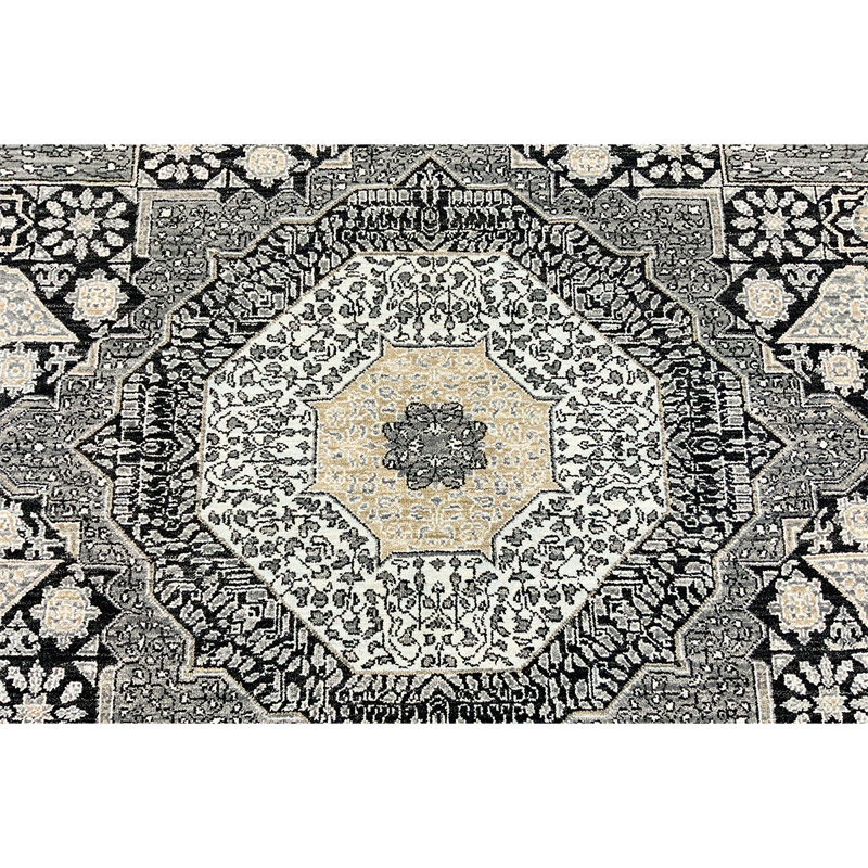 Tapis noir / ivoire de haute qualité noué à la main, Rectangle 8 pi x 10 pi