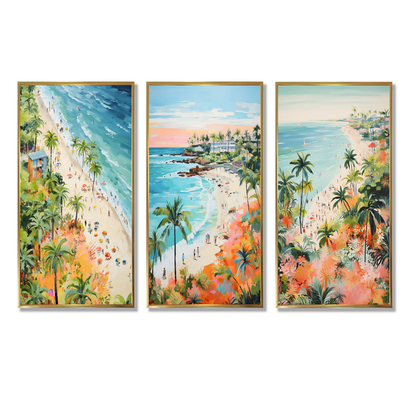 Ensemble de salon mural bord de mer pastel Paradise I, Cadre flottant doré, H 32 po x l 48 po