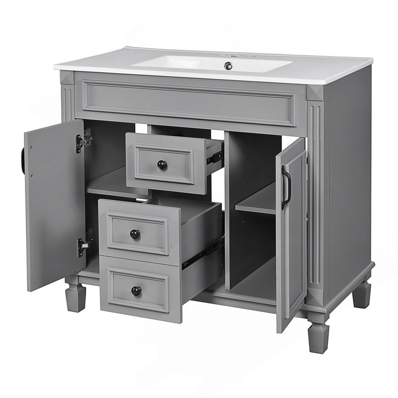 Meuble-lavabo moderne de 36 po avec lavabo supérieur, portes à fermeture douce et tiroirs pour un rangement efficace, Gris