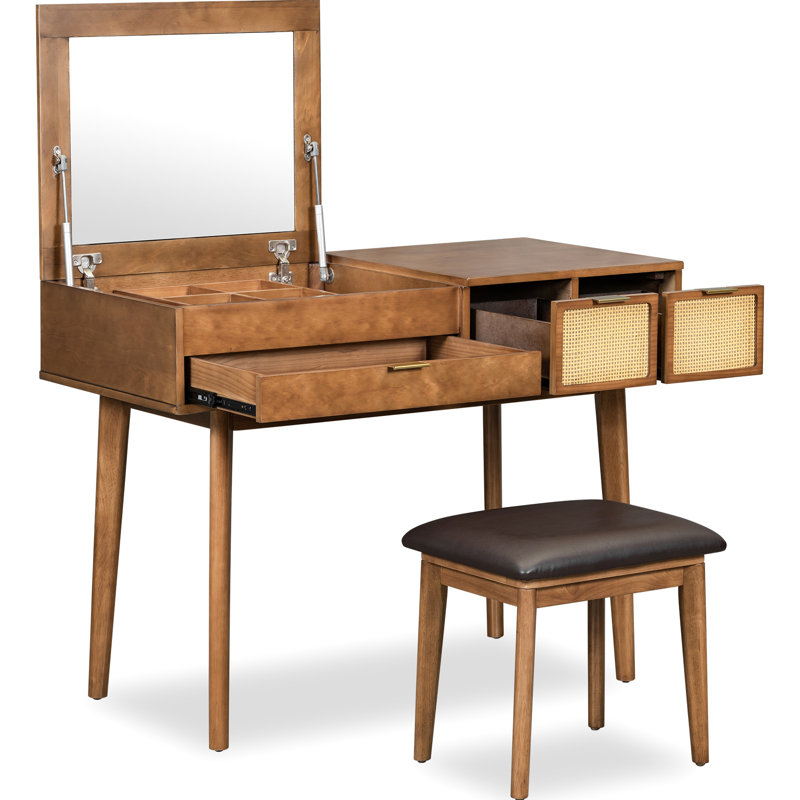 Meuble-lavabo classique de 43,3 po de couleur brune avec miroir rabattable, tabouret et trois tiroirs pour un rangement fonctionnel pratique en bois brun