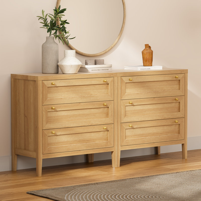 Farmhouse 3 Drawer Dresser,Wide Chest Of Drawers,Three Drawer Nightstand, Natural Oak, 2
