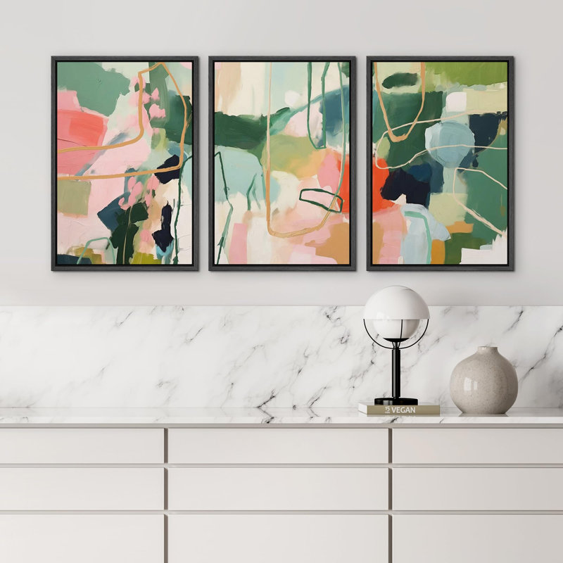 Effet de peinture abstraite grunge «Harmony in Abstraction Contemporary Geometric», 3 pièces sur toile, Cadre flottant noir