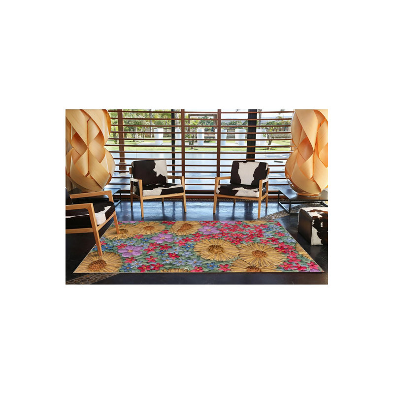 Tapis tissé multicolore à motif floral lavable à la machine, Carré 3 pi 3 po