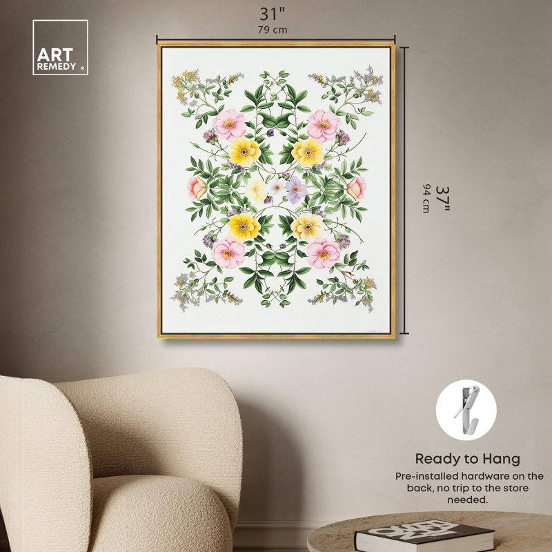 Cadre floral, impressions sur toile tendance par Art Remedy, H 37 po x l 31 po x P 1,8 po, Cadre flottant doré