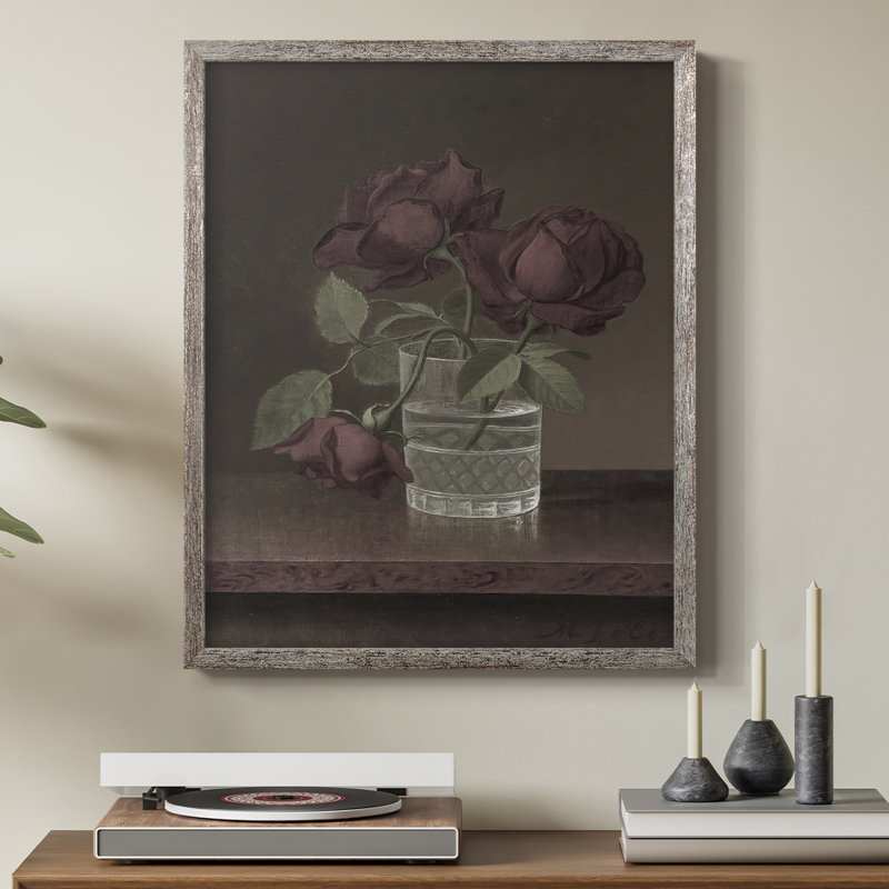 Reproduction florale rétro Lxxxx encadrée - bois massif, H 21 po x l 17 po