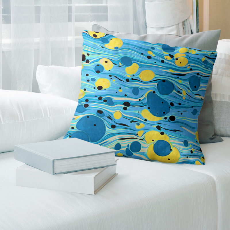 Coussin Swirls, 14 po x 14 po, Pas de bourre, Bleu/jaune