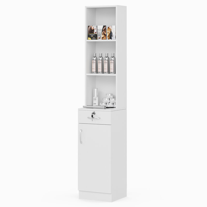 Freestanding Beauty Carnkirn Salon Storage Station, with Drawer & Open Shelves, Hair Dryer Holder, White