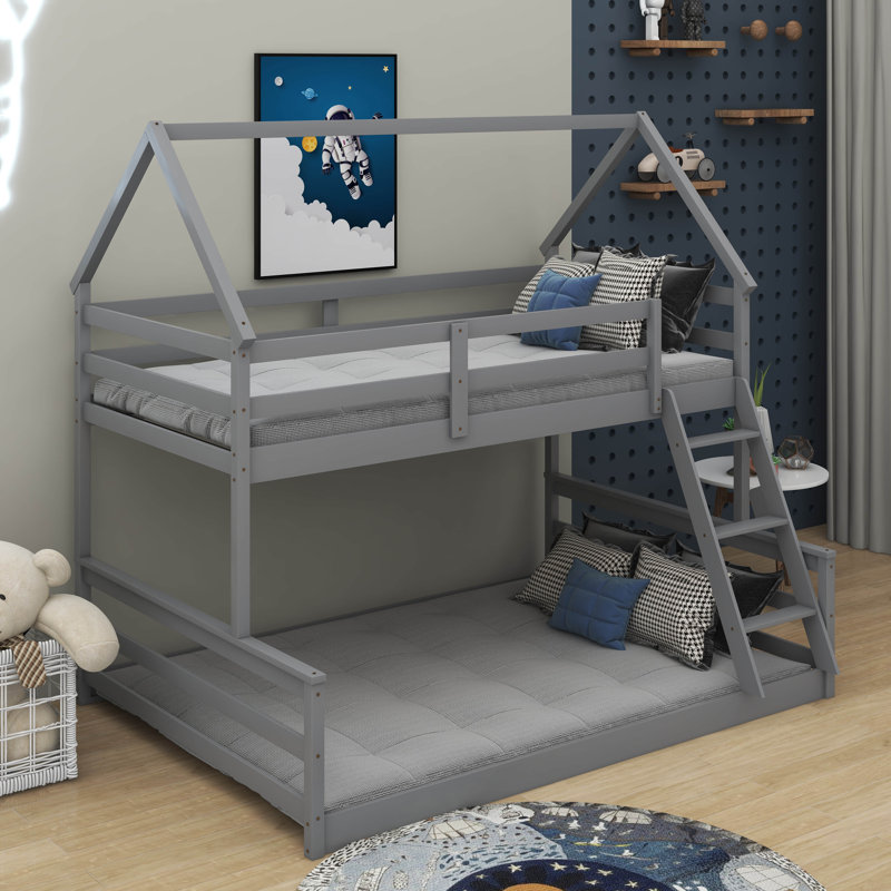 Lit superposé simple au dessus d'une chambre double avec échelle intégrée, Gris