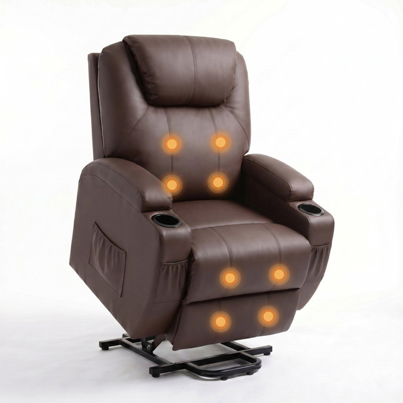 Ensemble de 2 fauteuils inclinables à massage électrique en polyester et métal, Cuir brun