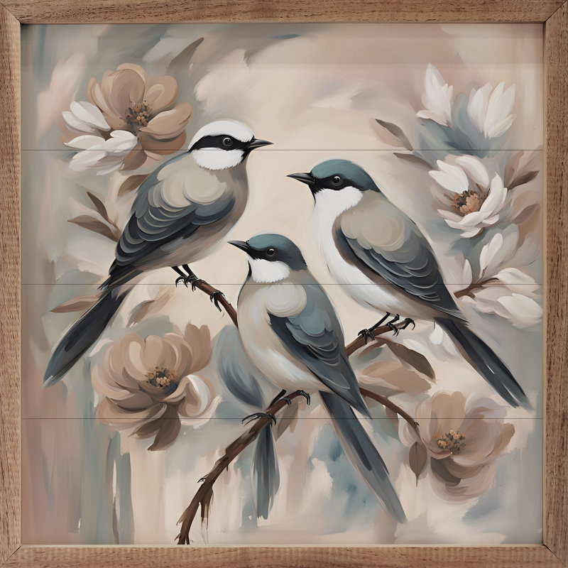 Trois oiseaux sur une branche florale encadrée sur bois, H 4 po x l 4 po