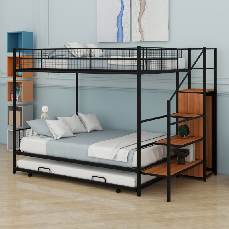Lit superposé en métal avec lit gigogne, échelle de rangement latérale et garde-robe
