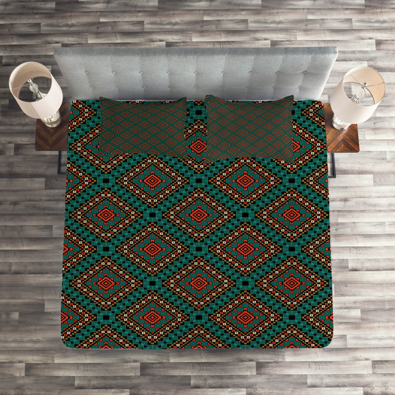 Ethnic Rustic Polyester Geometric Shapes Coverlet, King Bedspread + 2 Shams