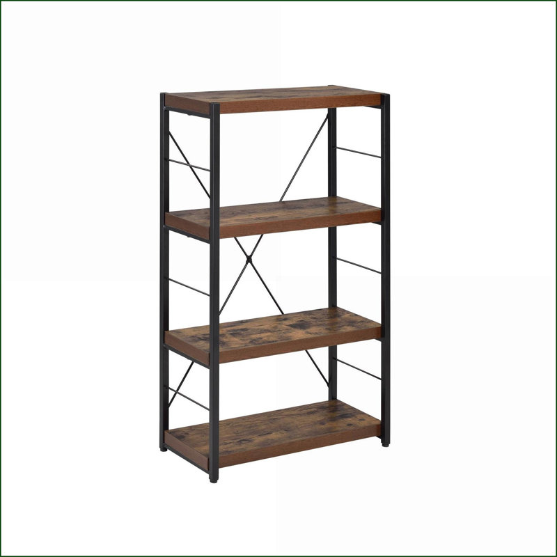 Bibliothèque, rustique industrielle à 3 niveaux et 4 tablettes fixes | Plateau en chêne patiné, structure en métal noir | Noir, chêne